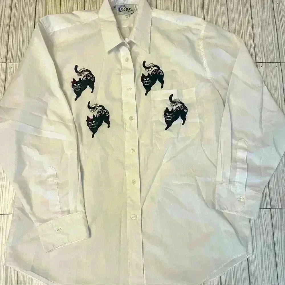 Vintage Embroidered Cat Kitty Cat Blouse